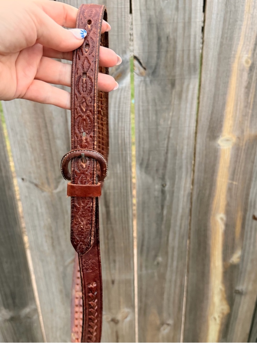 Vintage Tooled Brown Leather Belt with Decorative Stitching Size 38
